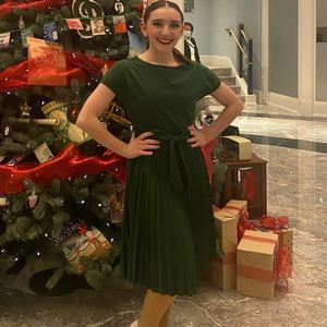 Women’s elegant pleated short sleeve high waisted belted A-line short dress.